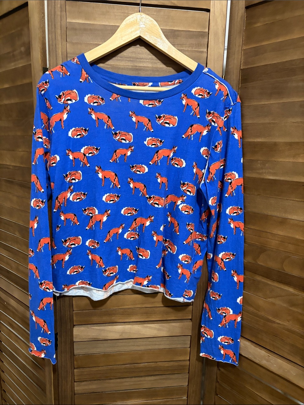 Anthropologie Royal Blue Long-Sleeve Top with Orange Fox Print